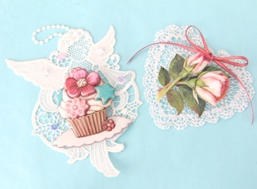 シャドーアート体験作品「キラキラのカップケーキ」「ピンクローズの壁掛け」